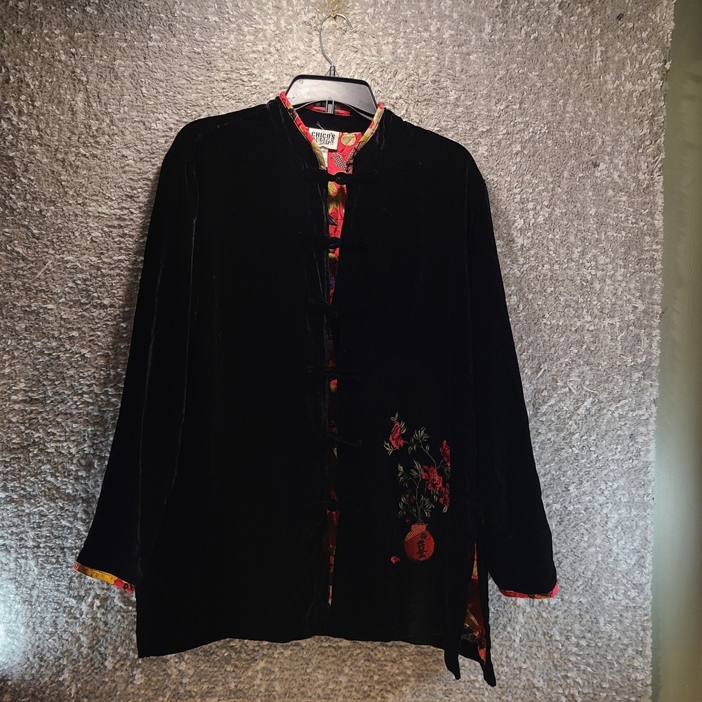 Chico's Velvet Jacket Silk Asian‎ Floral Lined Embroidered 1, Medium Knot Button